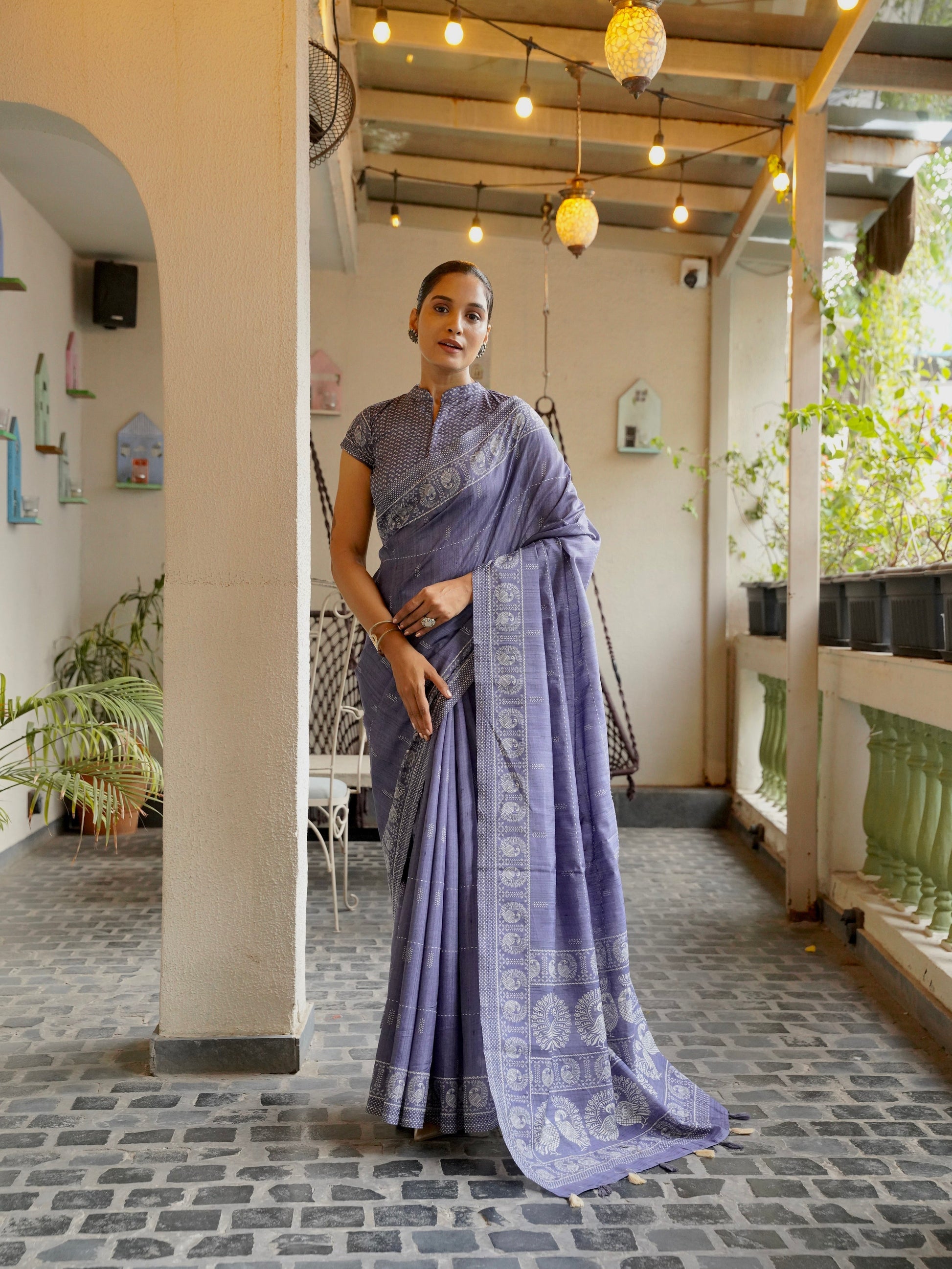 Noor-E-Neel Neel Kantha Embroidered Semi Tussar Saree Geetha Creation