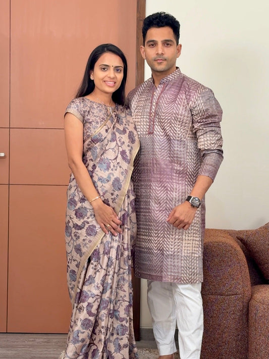 Purple Chikoo Fusion Combo Unstitched Couple Set