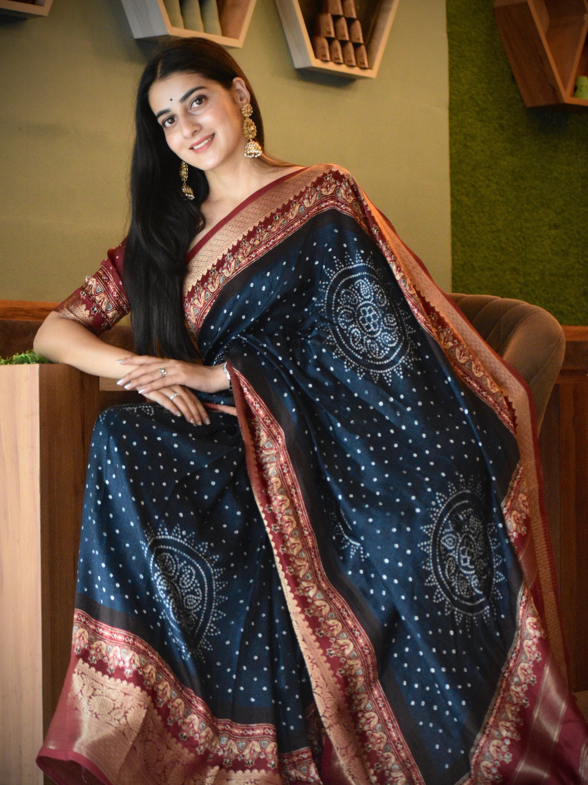 Bandhani Motif Buttery Soft Silk with Contrast Red Jacquard Border Saree Geetha Creation