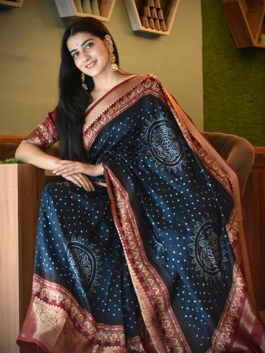 Bandhani Motif Buttery Soft Silk with Contrast Red Jacquard Border Saree Geetha Creation