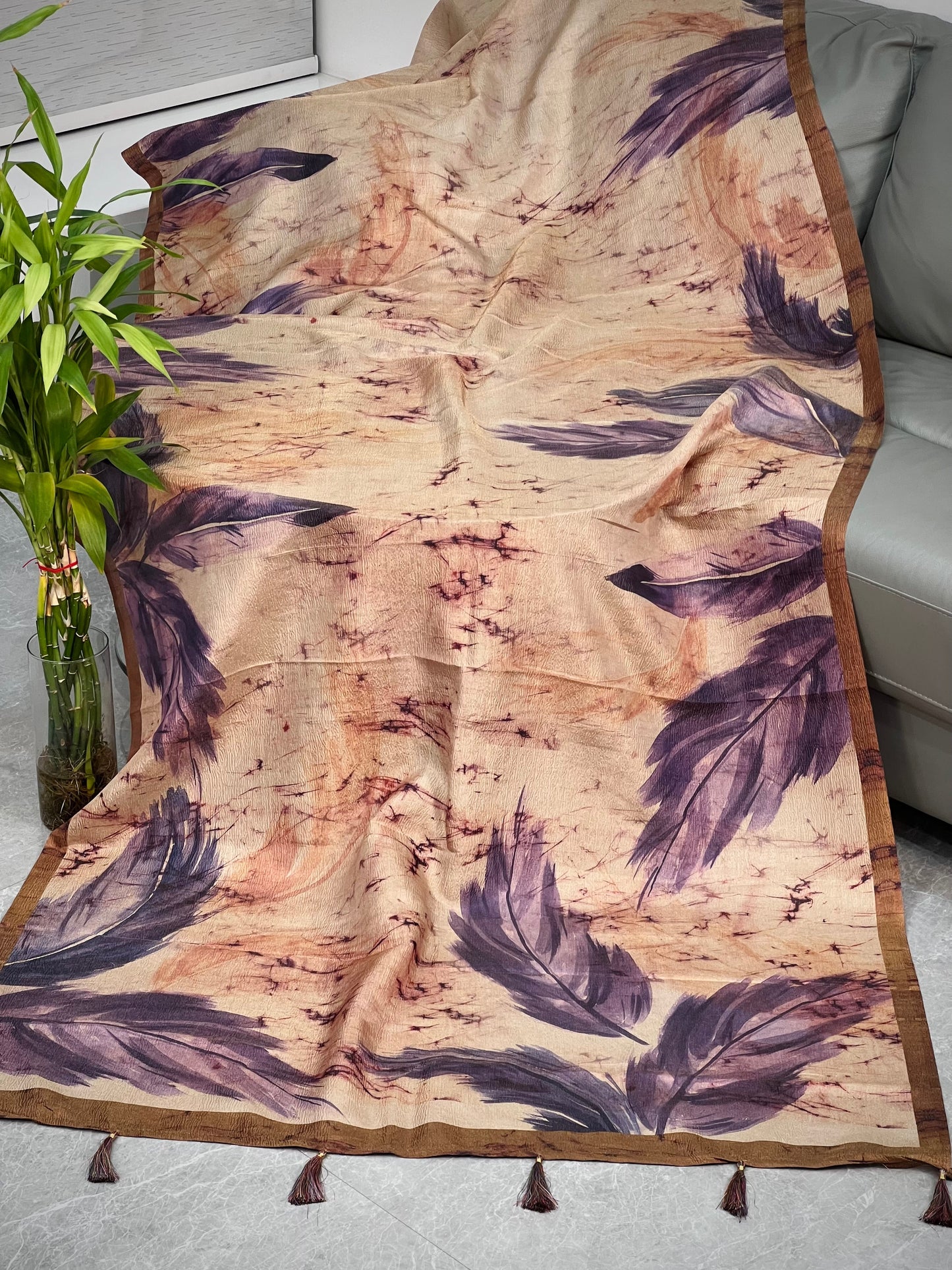Purple Leaves in Tussar Tissue Crushed Saree Geetha Creation