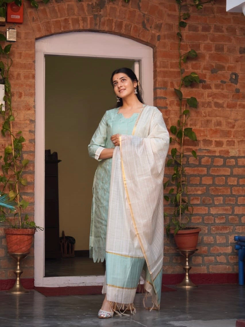 Tender Turquoise Cotton Silk Silhouette Ready to Wear Kurti Set
