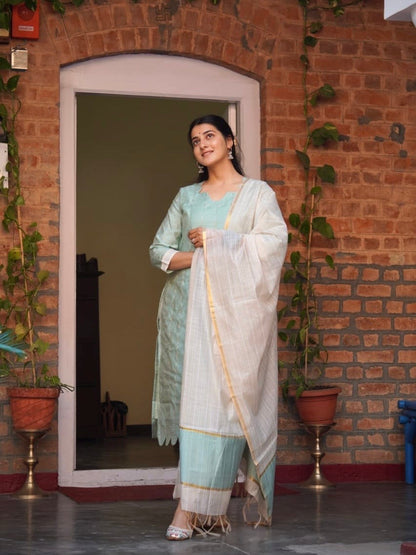 Tender Turquoise Cotton Silk Silhouette Ready to Wear Kurti Set
