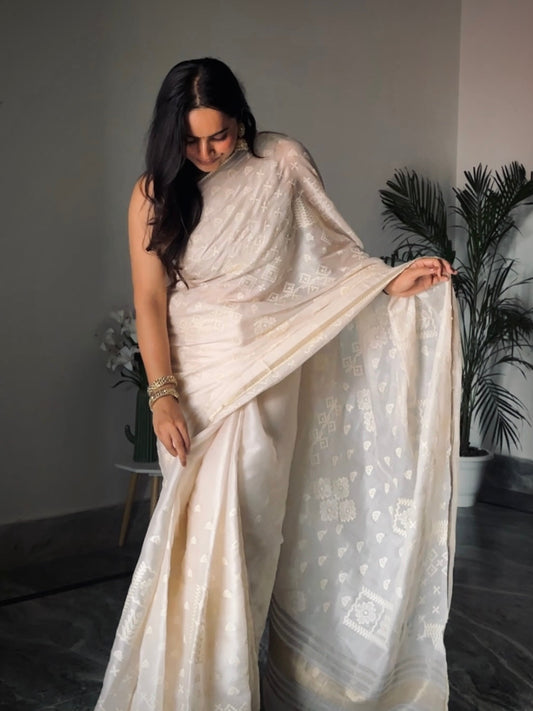 Vanilla Soft Satin Saree with Fusion Embroidery CSE Geetha Creation