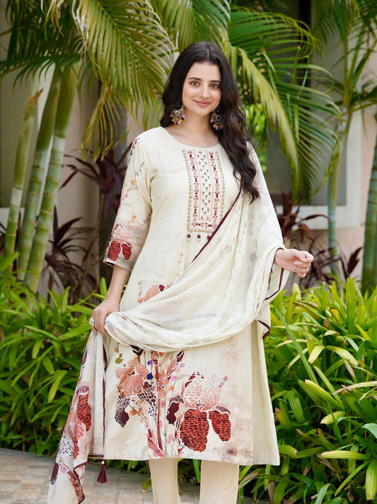 Cream Floral Ethnic Cotton A-Line Dress