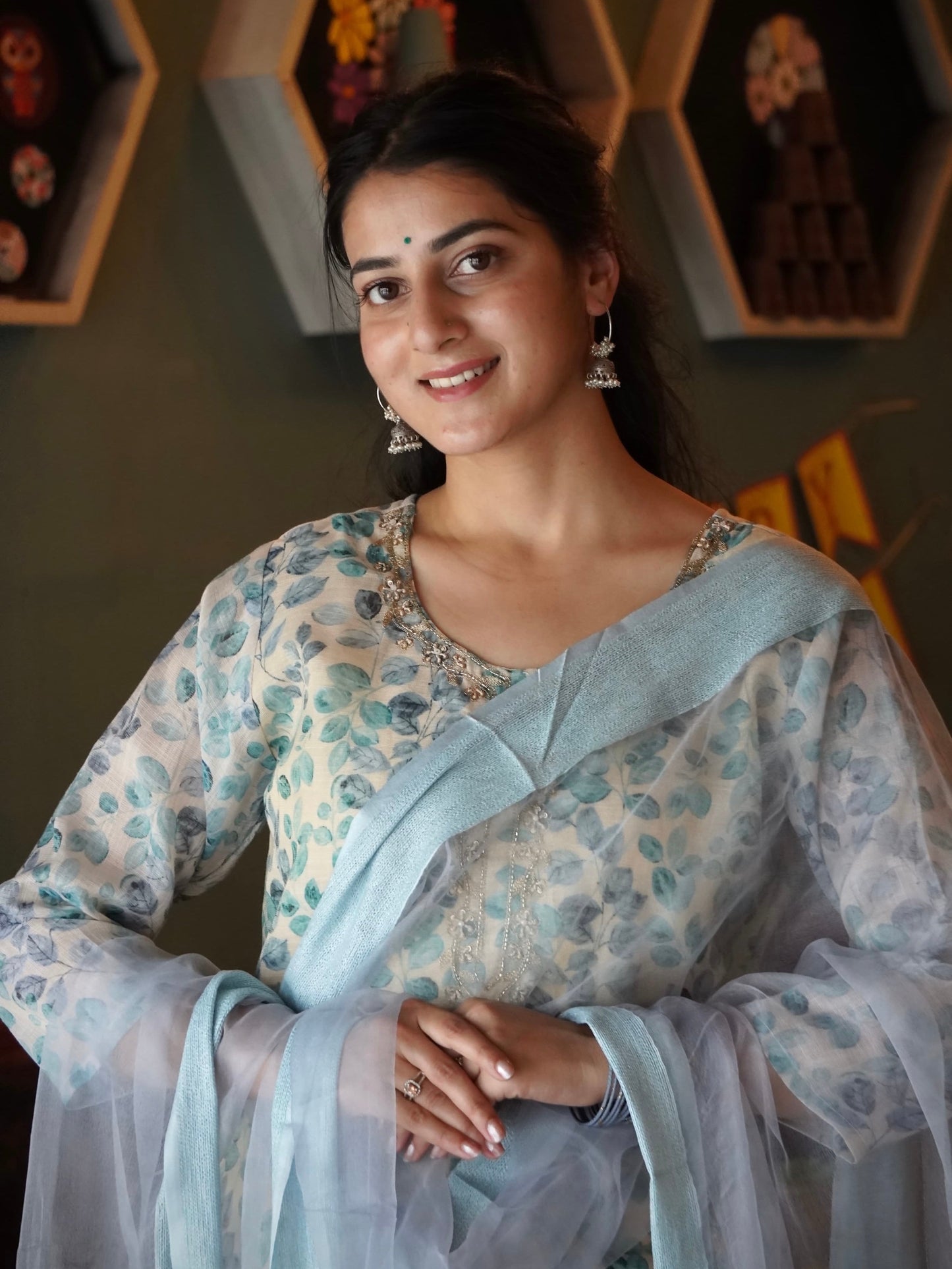 Sparkling Teal Blue Ombre Organza Ready to Wear Silk Kurti Set Geetha Creation