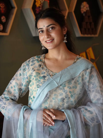 Sparkling Teal Blue Ombre Organza Ready to Wear Silk Kurti Set Geetha Creation