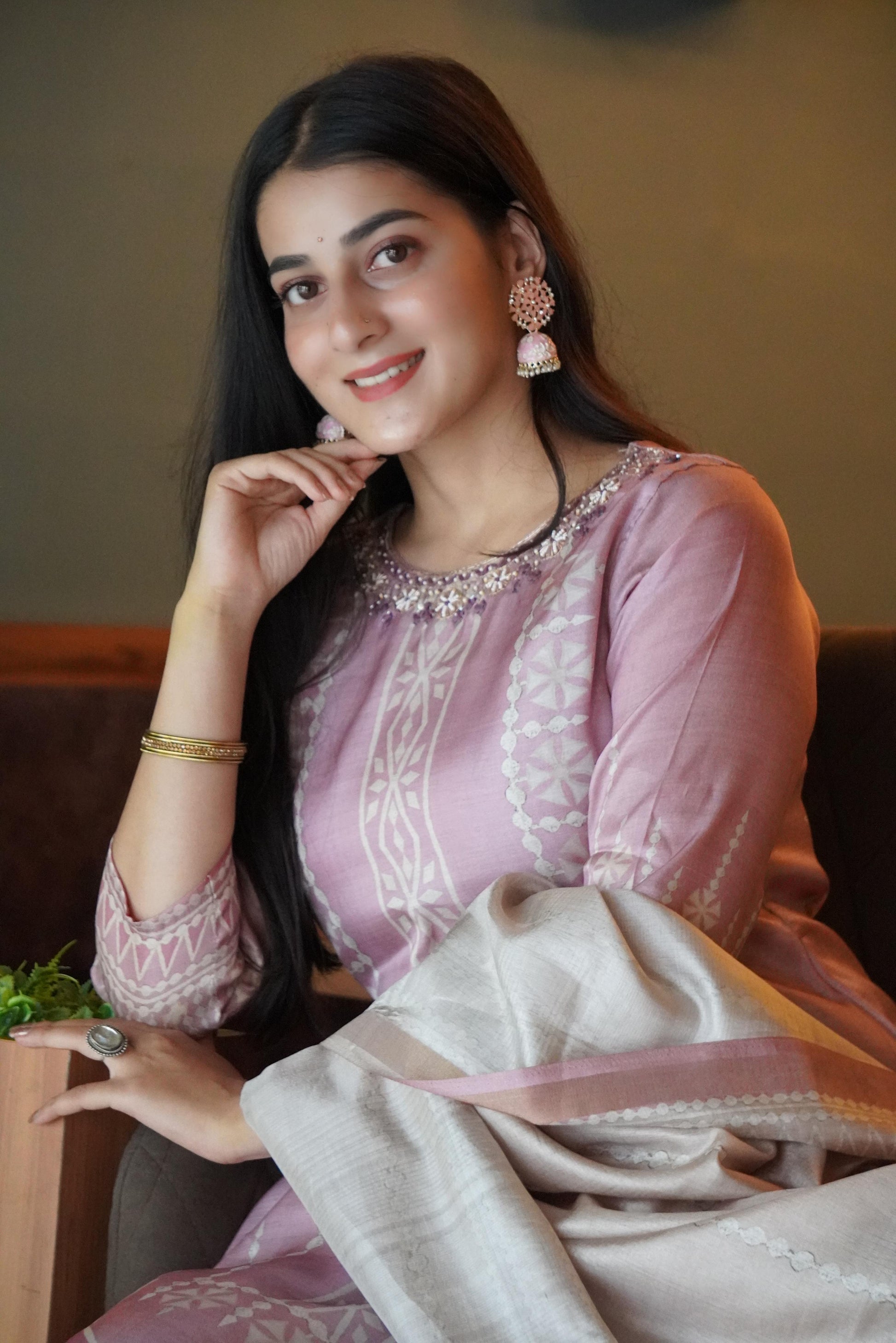 Pretty Pink Soft Tussar A-Line Ready to Wear Kurti Set Geetha Creation