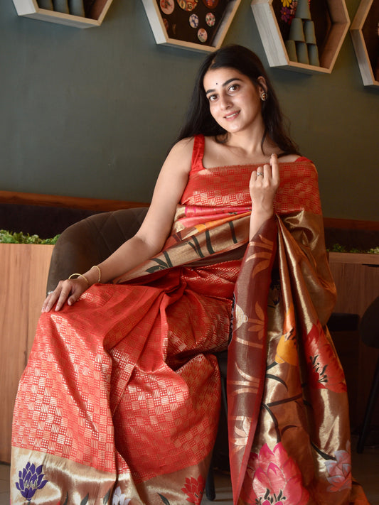 Super Rich Gold and Red Semi Paithani saree Geetha Creation