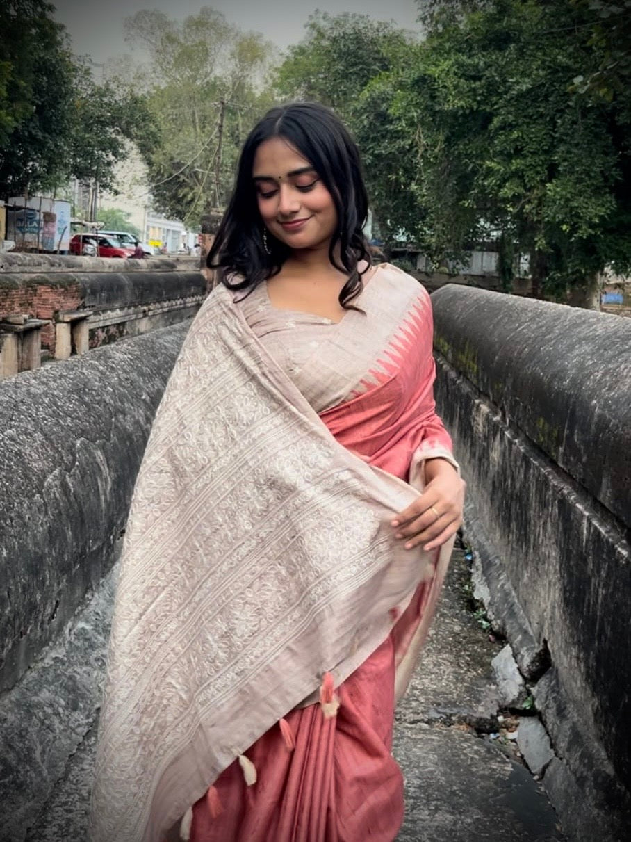 Traditional Chikoo Orange Embroidered Tussar Saree Geetha Creation
