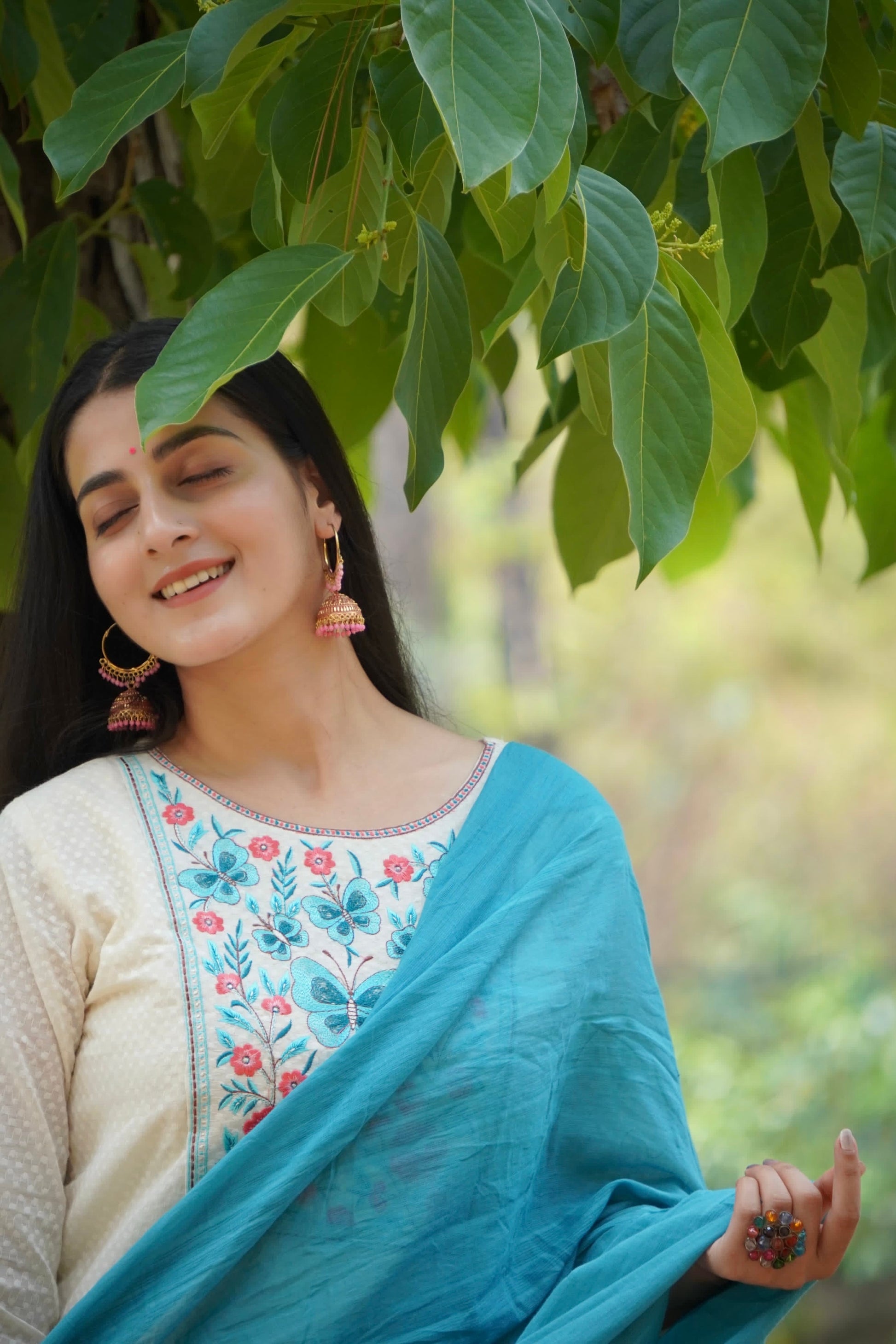 Dreamy Soft Teal and Cream Pure Cotton Kurti Set Geetha Creation