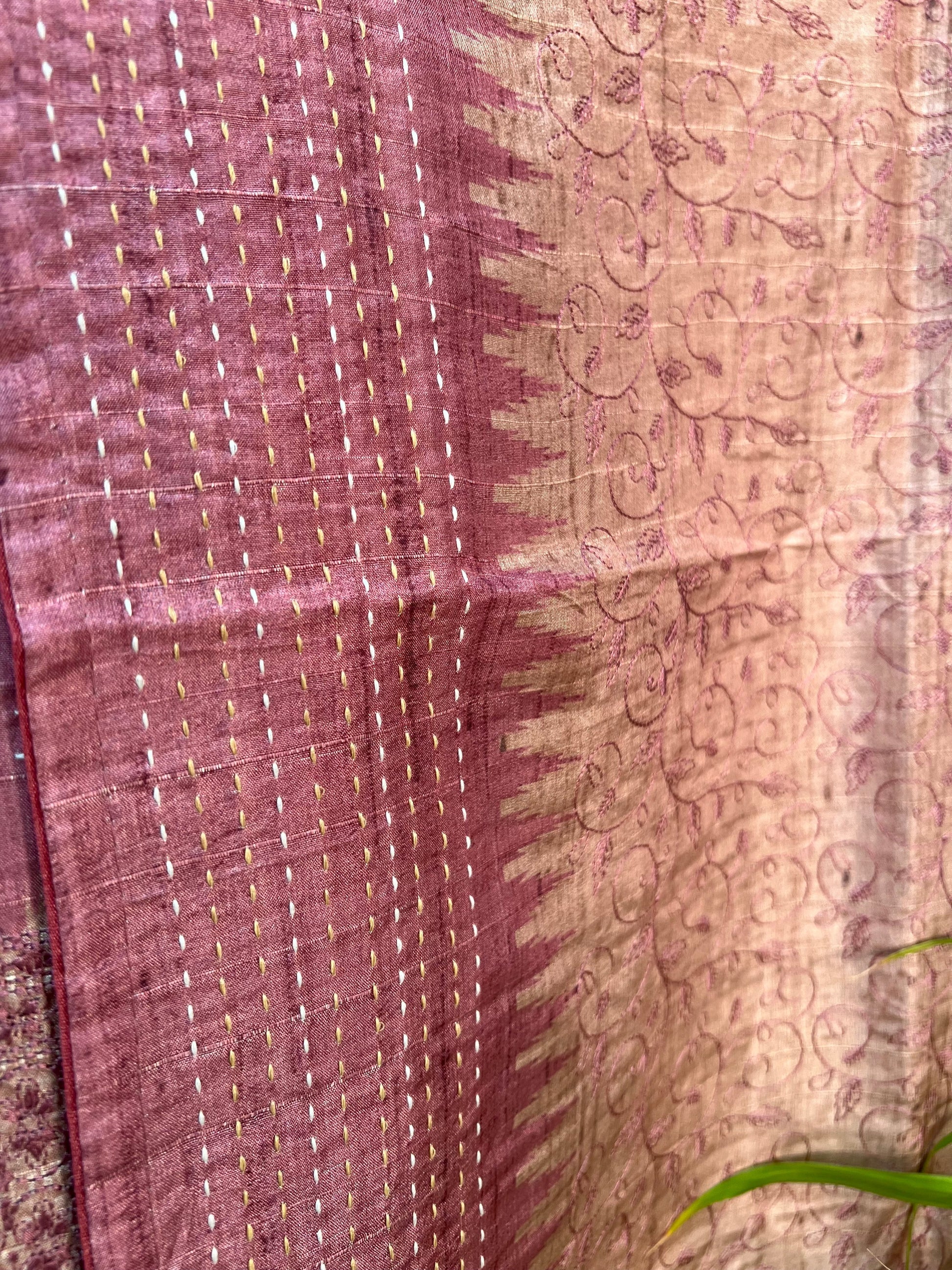Gorgeous Pink and Chikoo Embroidery with Kantha Unstitched Salwar Set Geetha Creation
