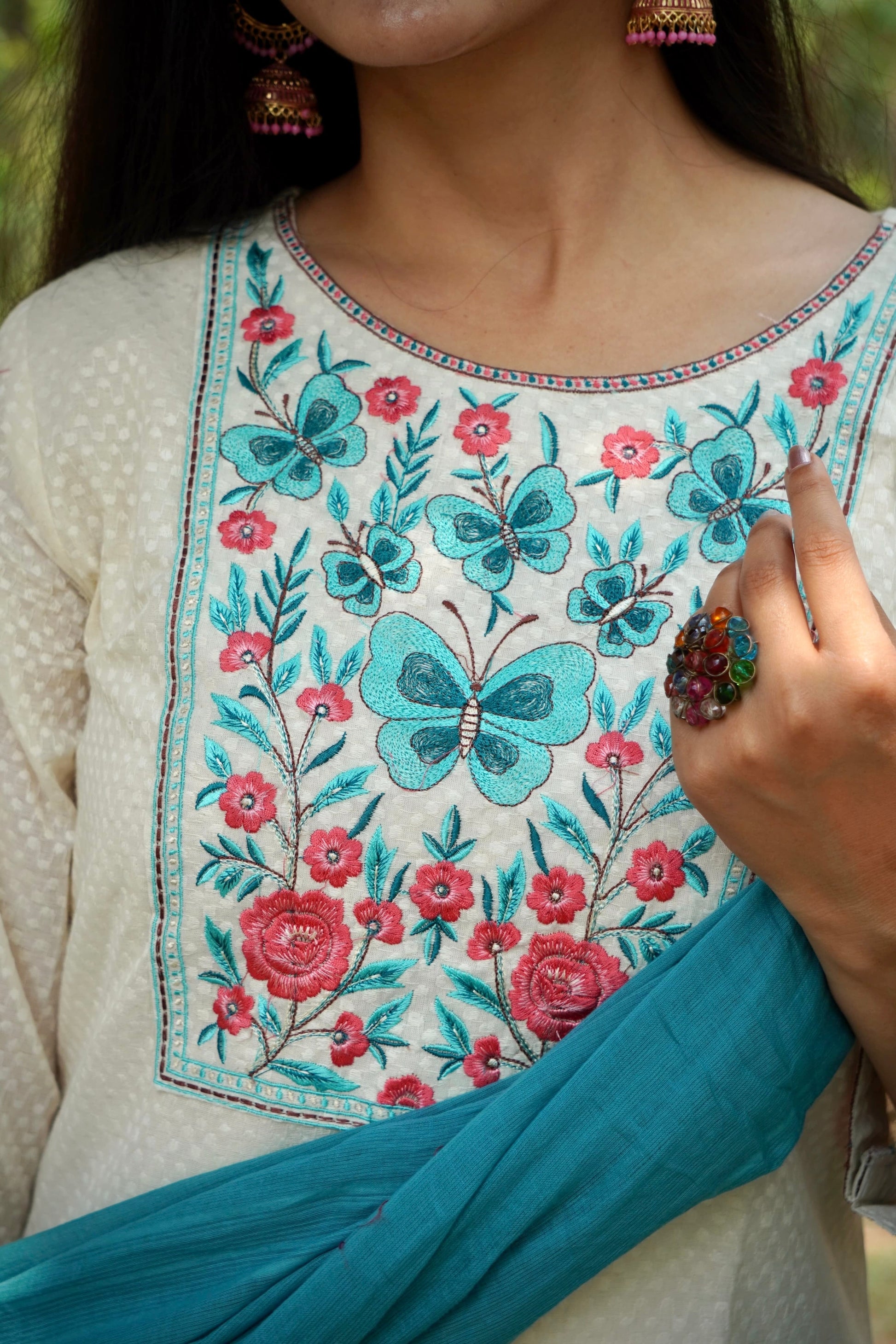 Dreamy Soft Teal and Cream Pure Cotton Kurti Set Geetha Creation