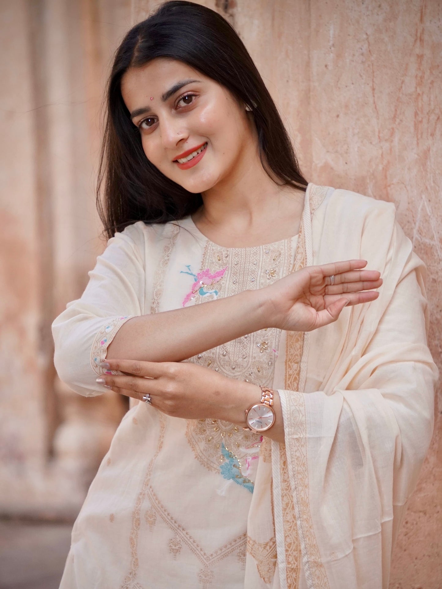 Beige Delicacy Ready to Wear Pure Cotton Kurti Set