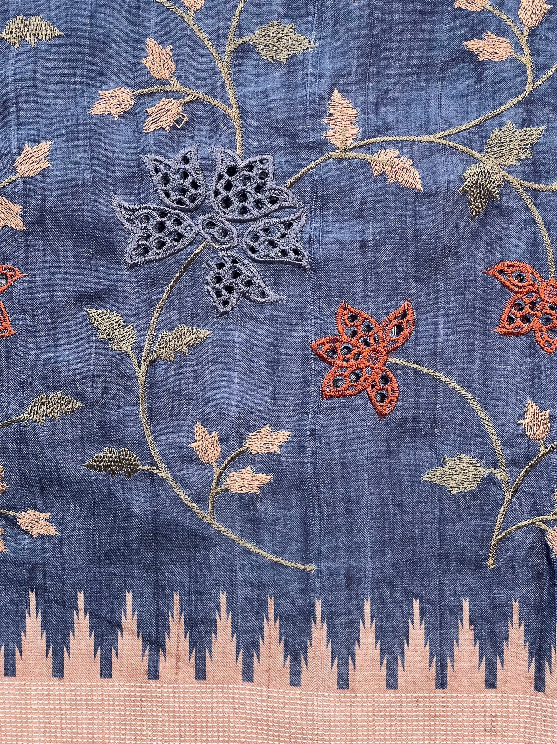 Traditional Navy Blue Embroidered Tussar Saree Geetha Creation
