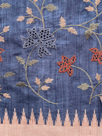 Traditional Navy Blue Embroidered Tussar Saree Geetha Creation