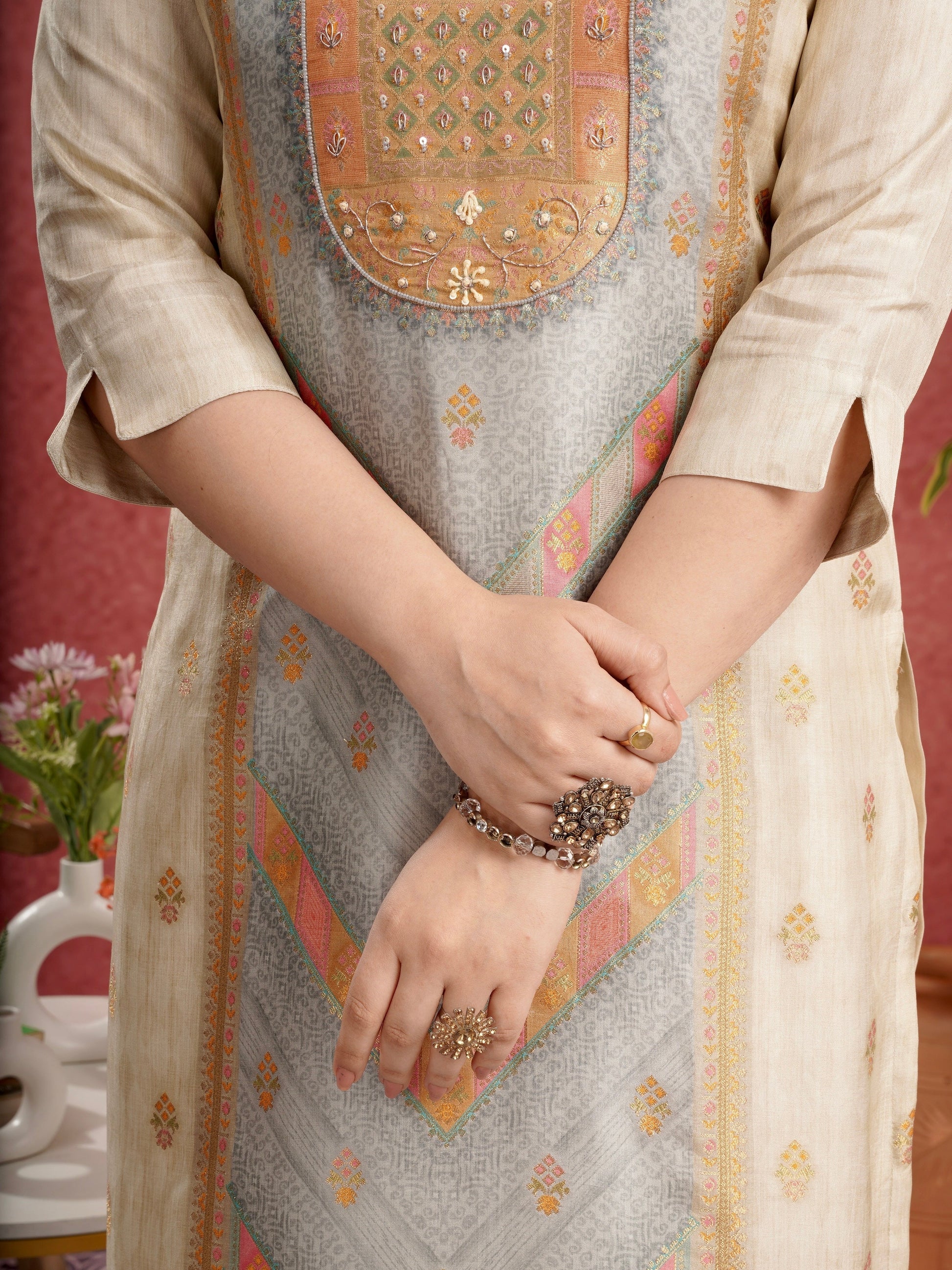 Classic Ivory Ready to Wear Pure Dola Silk Kurti Set Geetha Creation