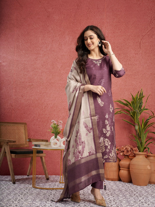 Luxurious Wine Floral Ready to Wear Silk Kurti Set Geetha Creation
