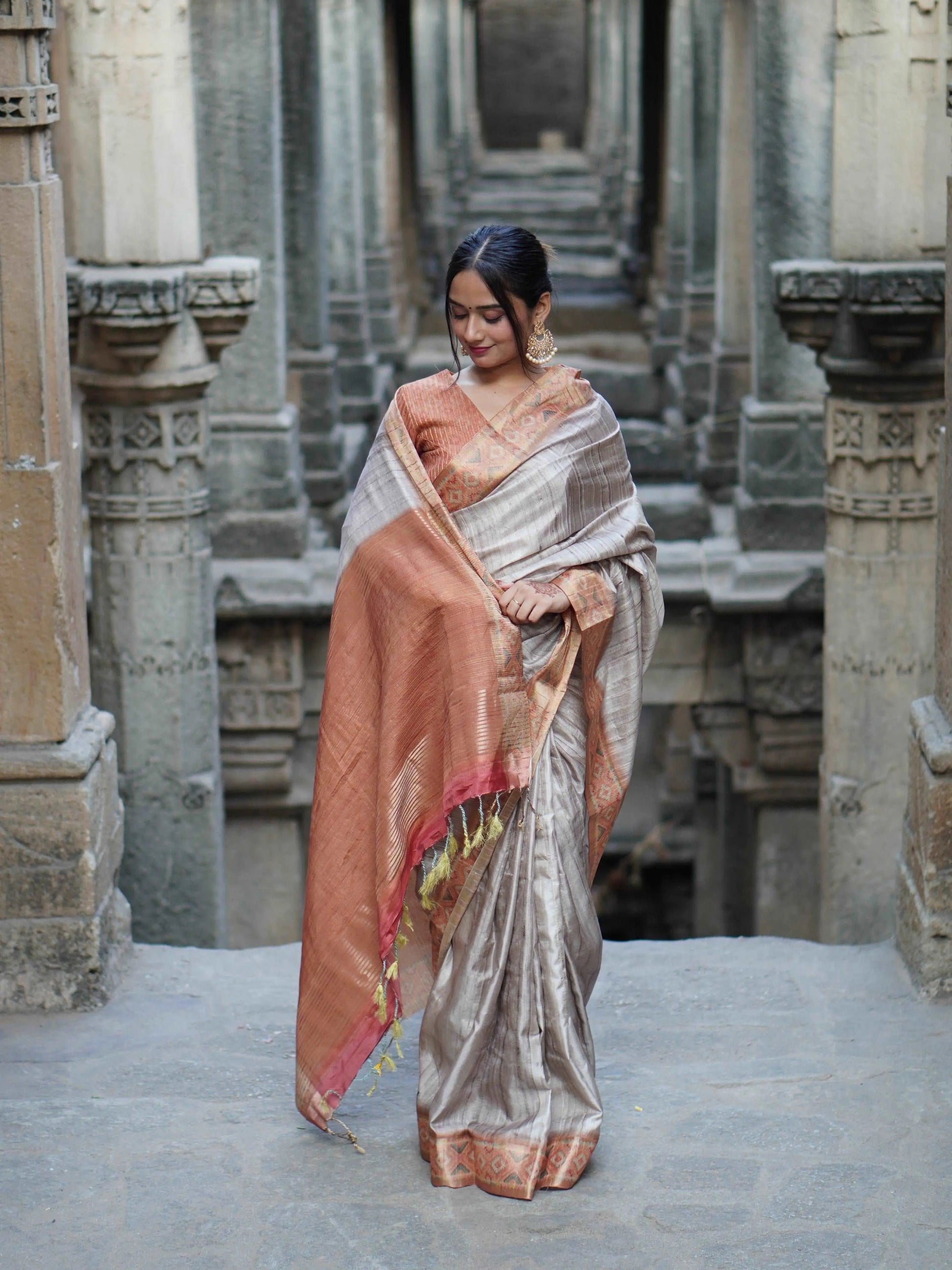 Chikoo Orange With Stylish Border Chapa Handloom Tussar Saree C1 Geetha Creation