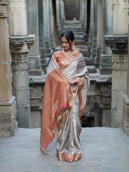 Chikoo Orange With Stylish Border Chapa Handloom Tussar Saree C1 Geetha Creation