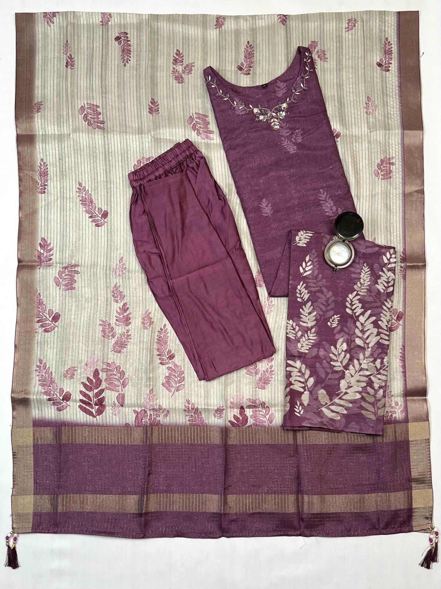 Luxurious Wine Floral Ready to Wear Silk Kurti Set