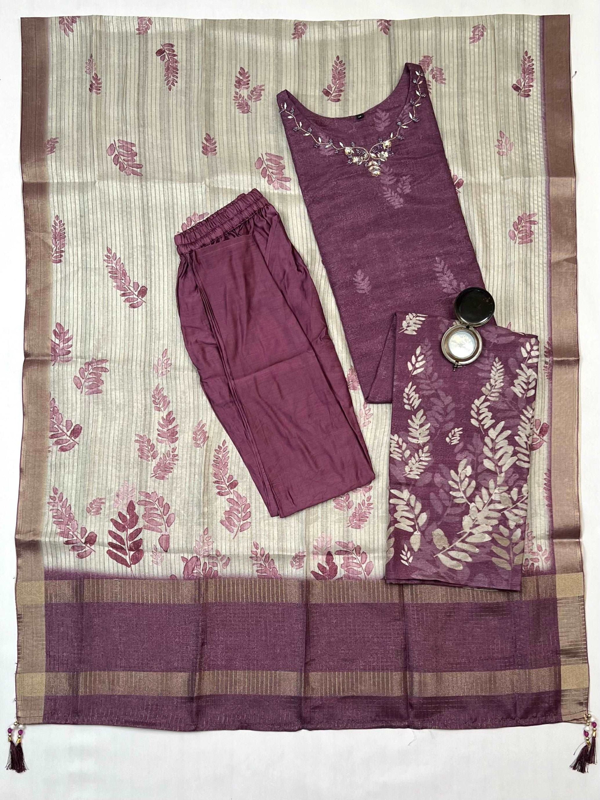 Luxurious Wine Floral Ready to Wear Silk Kurti Set