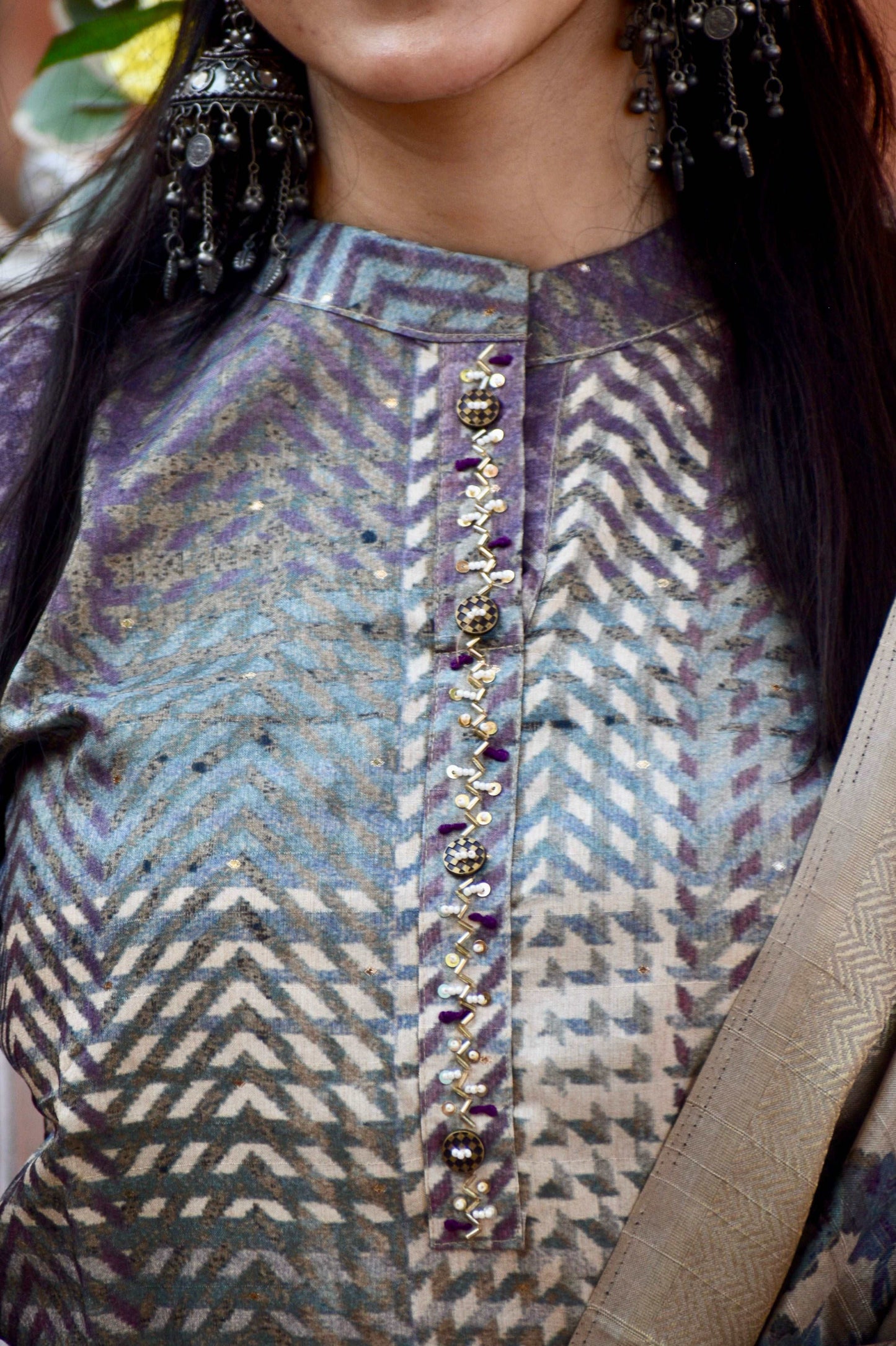 Purple with Chikoo Ready to Wear Silk Kurti Set