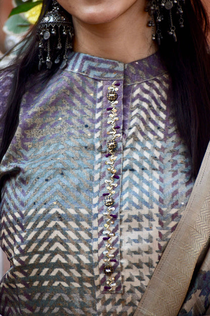 Purple with Chikoo Ready to Wear Silk Kurti Set