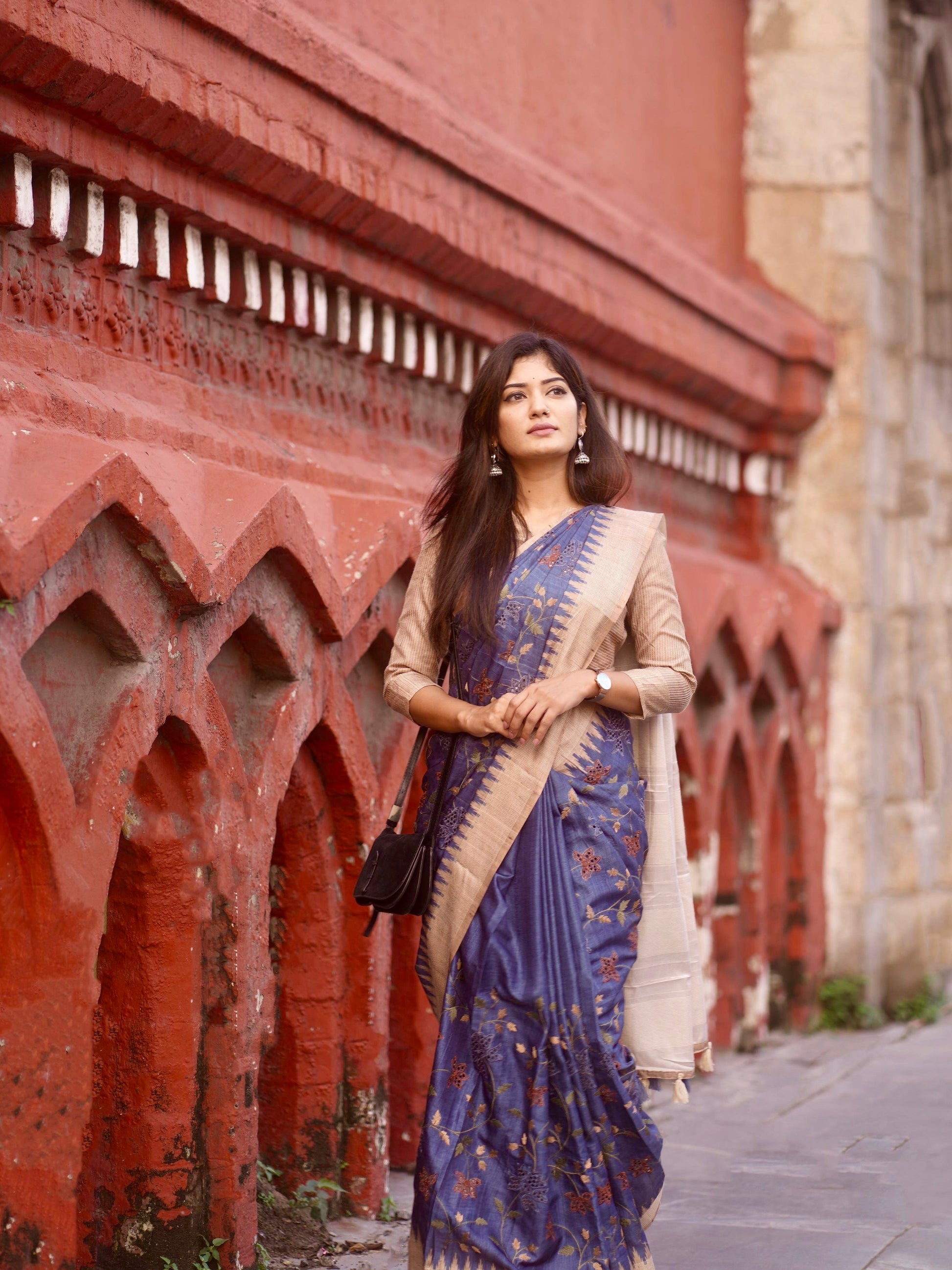Traditional Navy Blue Embroidered Tussar Saree Geetha Creation