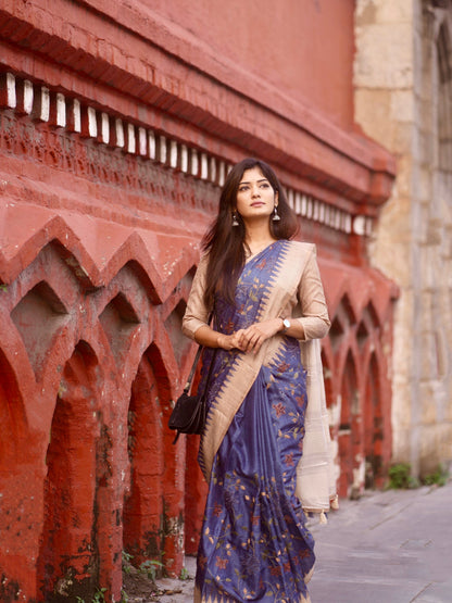 Traditional Navy Blue Embroidered Tussar Saree Geetha Creation