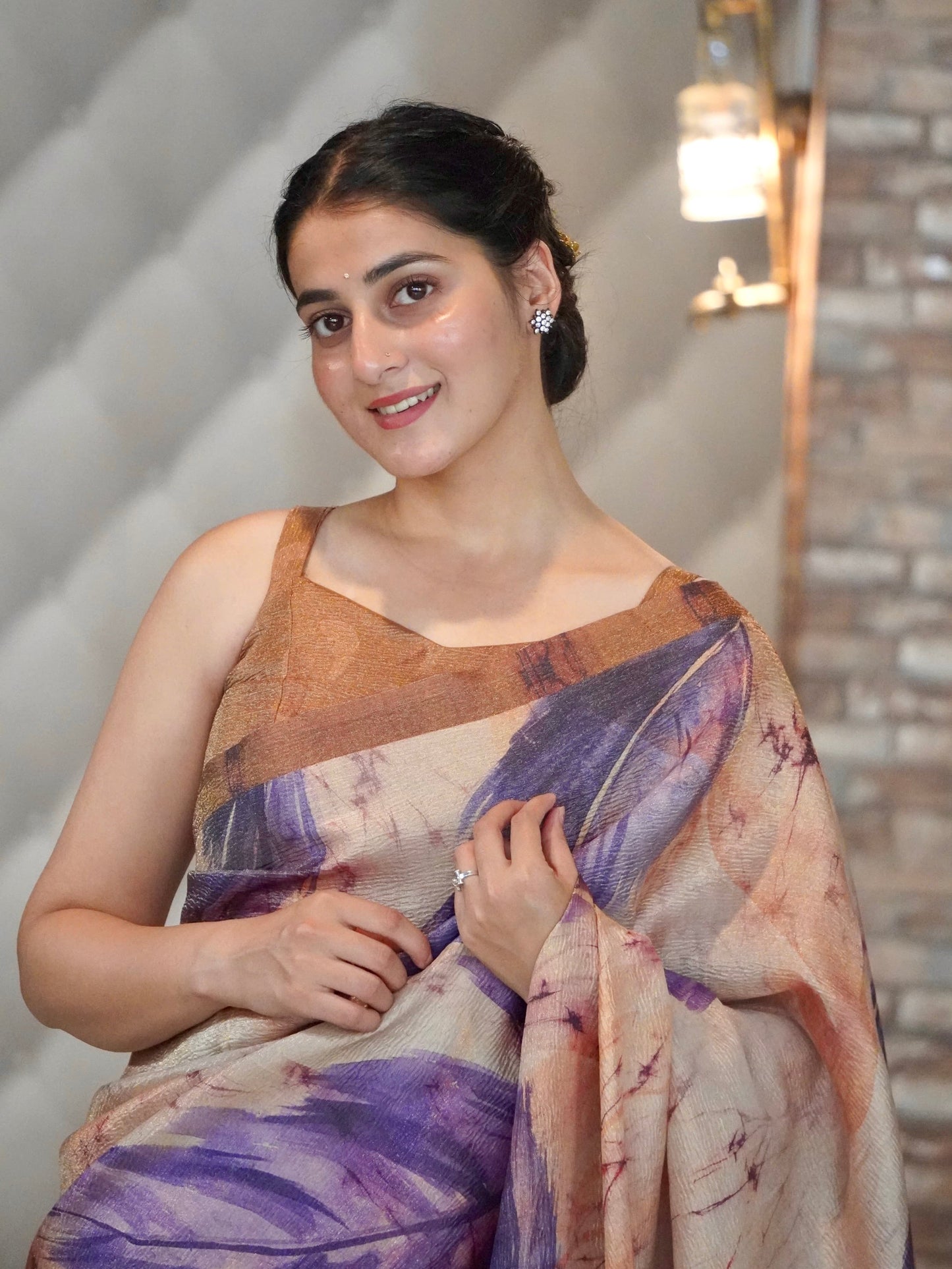 Purple Leaves in Tussar Tissue Crushed Saree Geetha Creation