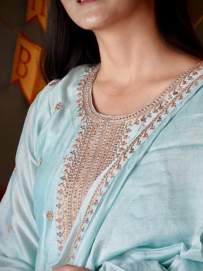Milky Blue Maharani Soft Silk Anarkali Dress Geetha Creation