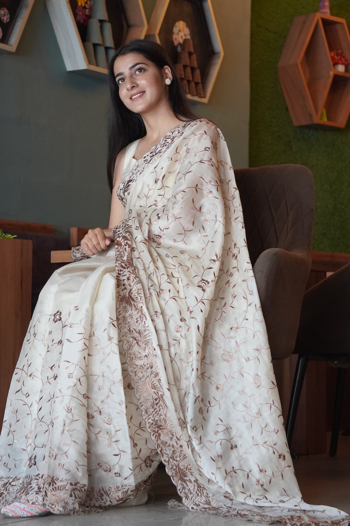 Mother of Pearl Soft Satin Fully Embroidered Saree CSE Geetha Creation