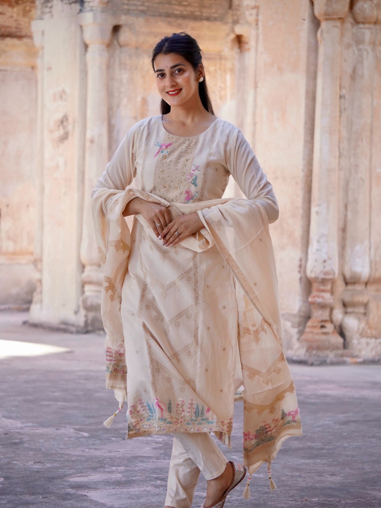 Beige Delicacy Ready to Wear Pure Cotton Kurti Set