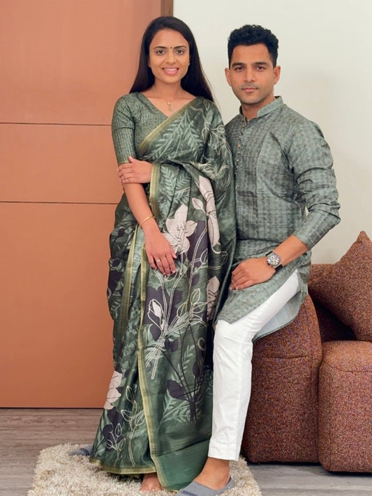 Garnishing Green Unstitched Couple Set
