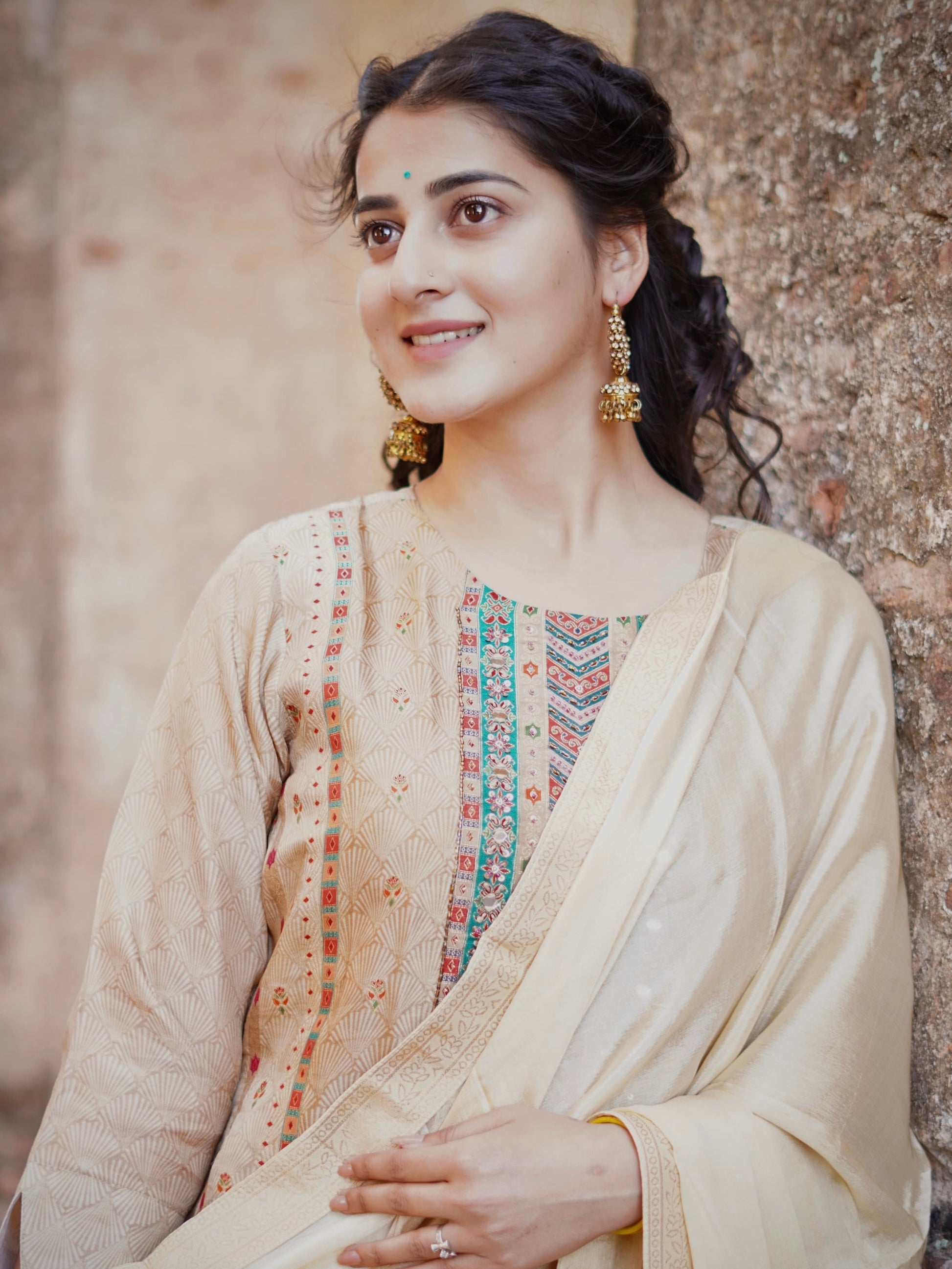 Elegant Ivory Ready to Wear Pure Dola Silk Kurti Set Geetha Creation