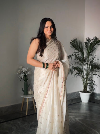Creamy Soft Satin Saree with Embroidered Butti CSE Geetha Creation