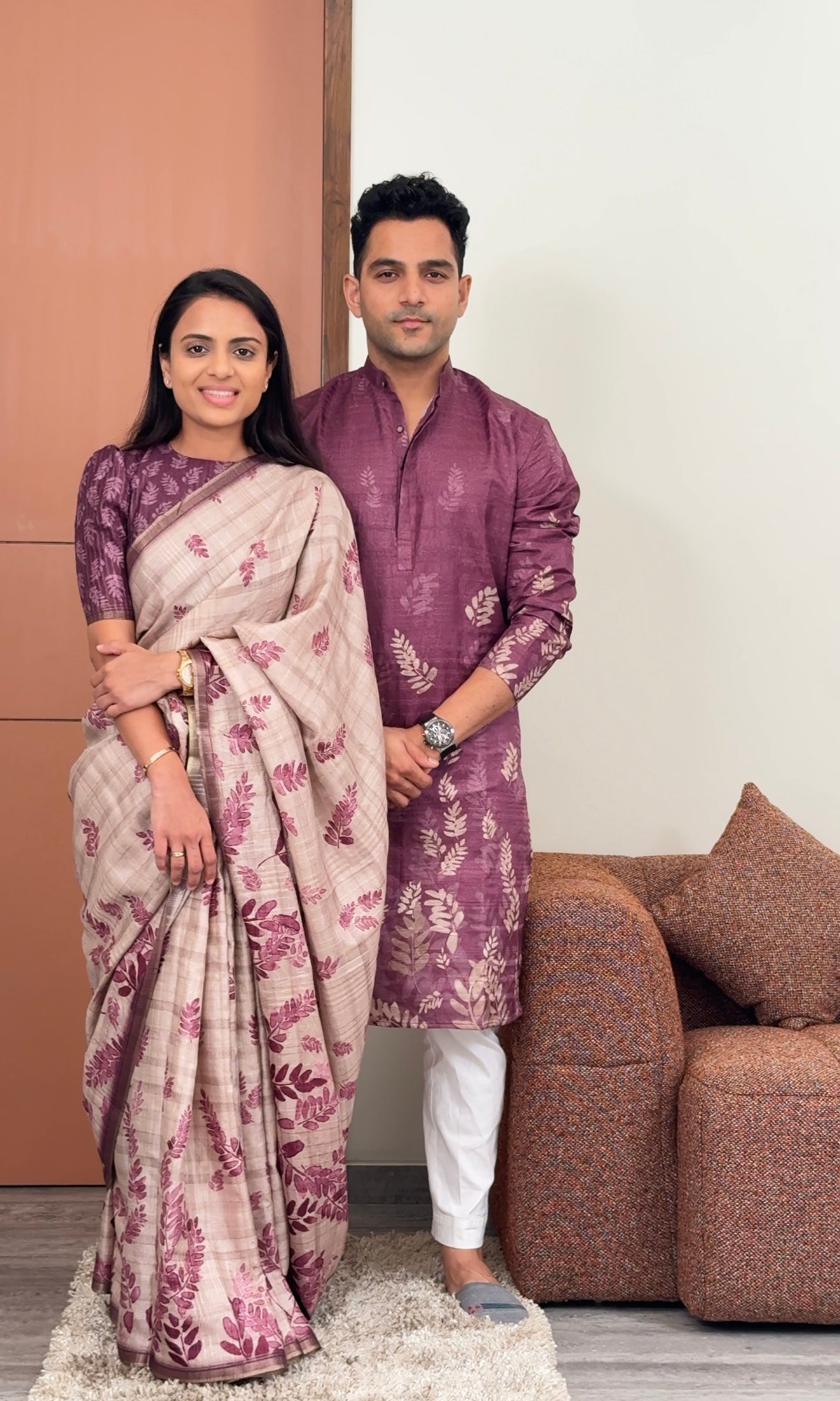 Leafy Wine Unstitched Couple Set Geetha Creation