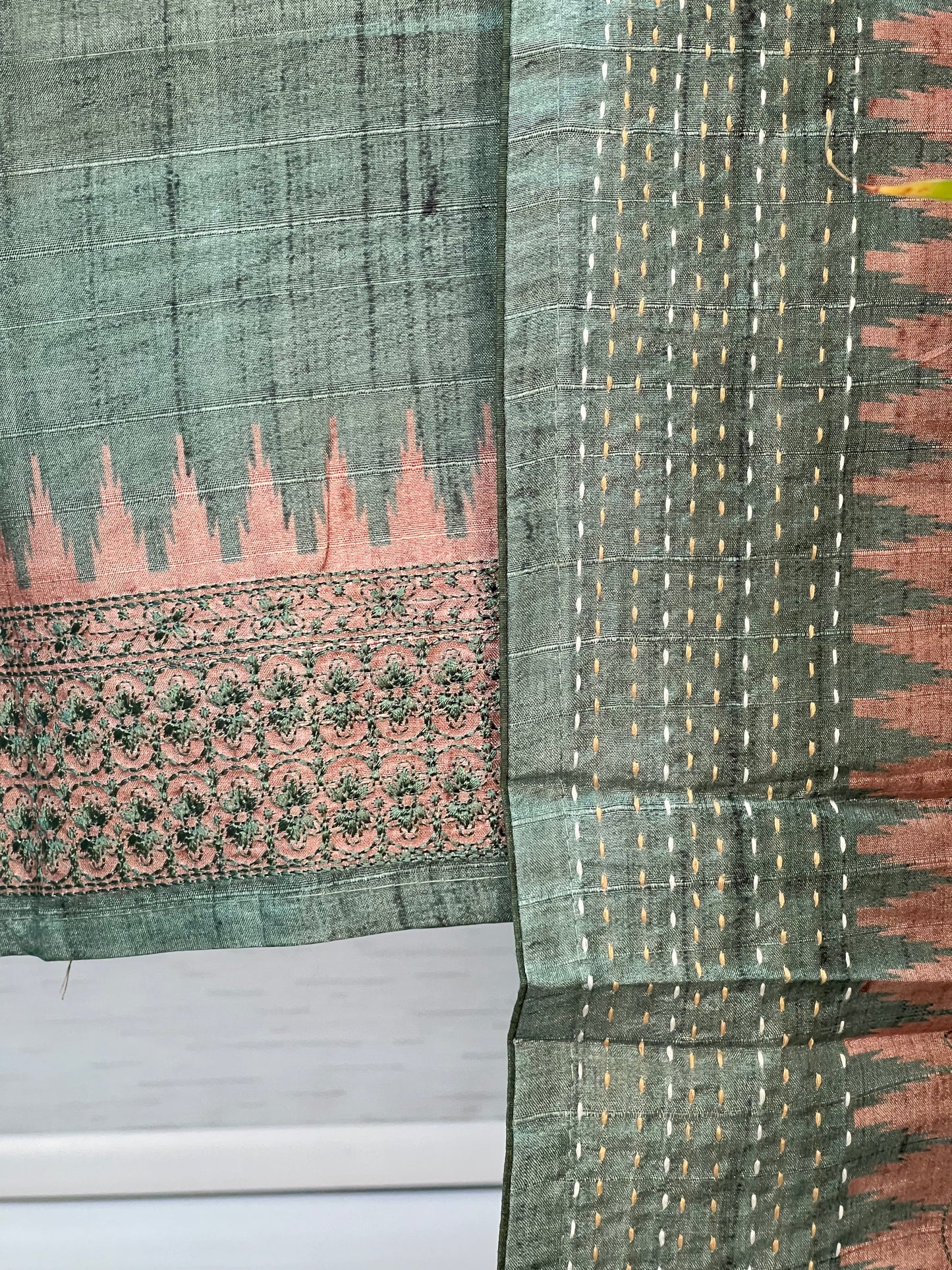 Gorgeous Pink and Chikoo Embroidery with Kantha Unstitched Salwar Set Geetha Creation