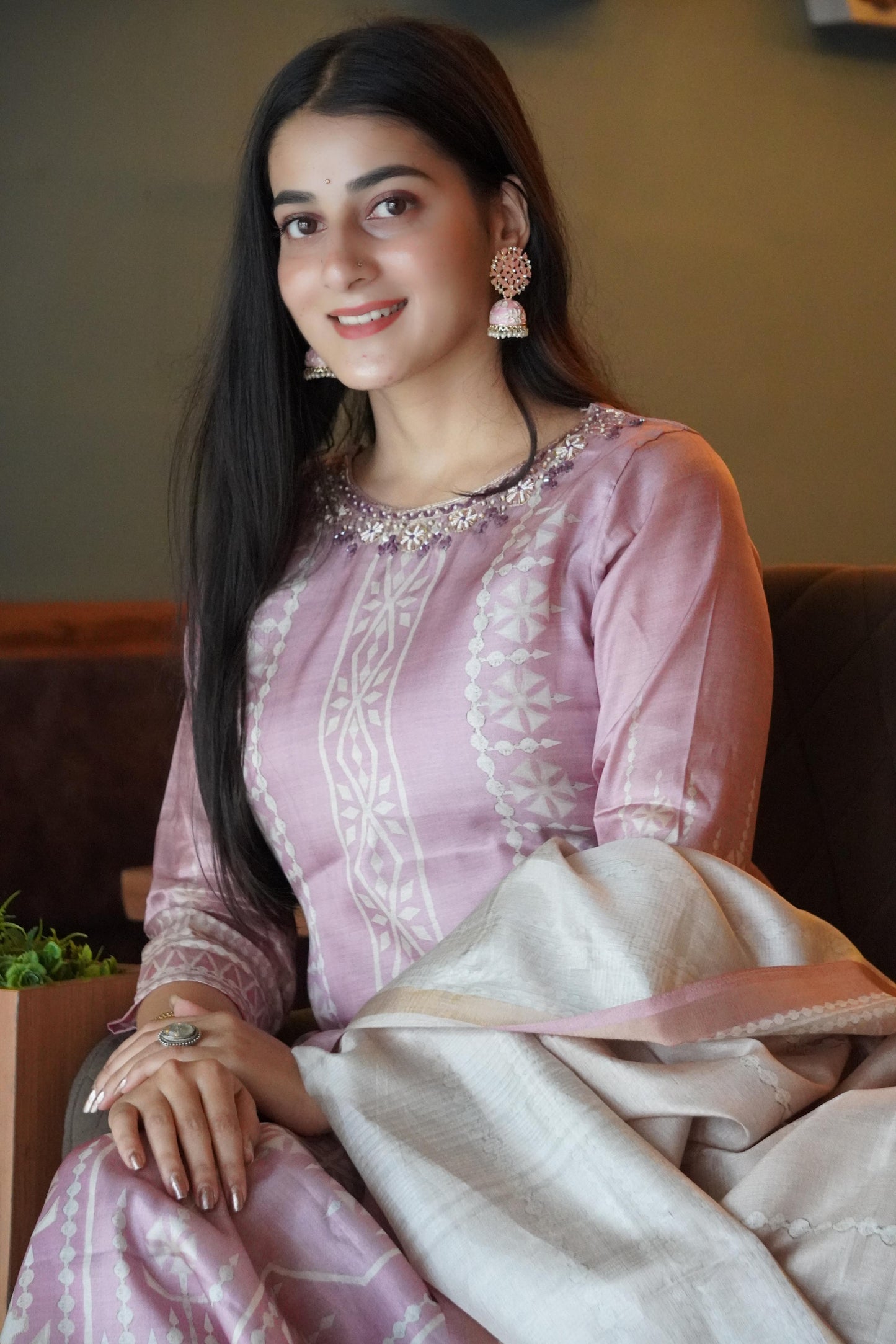 Pretty Pink Soft Tussar A-Line Ready to Wear Kurti Set Geetha Creation