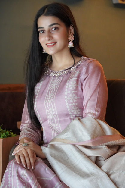 Pretty Pink Soft Tussar A-Line Ready to Wear Kurti Set Geetha Creation