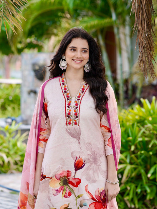 Peach Floral Ethnic Cotton A-Line Dress