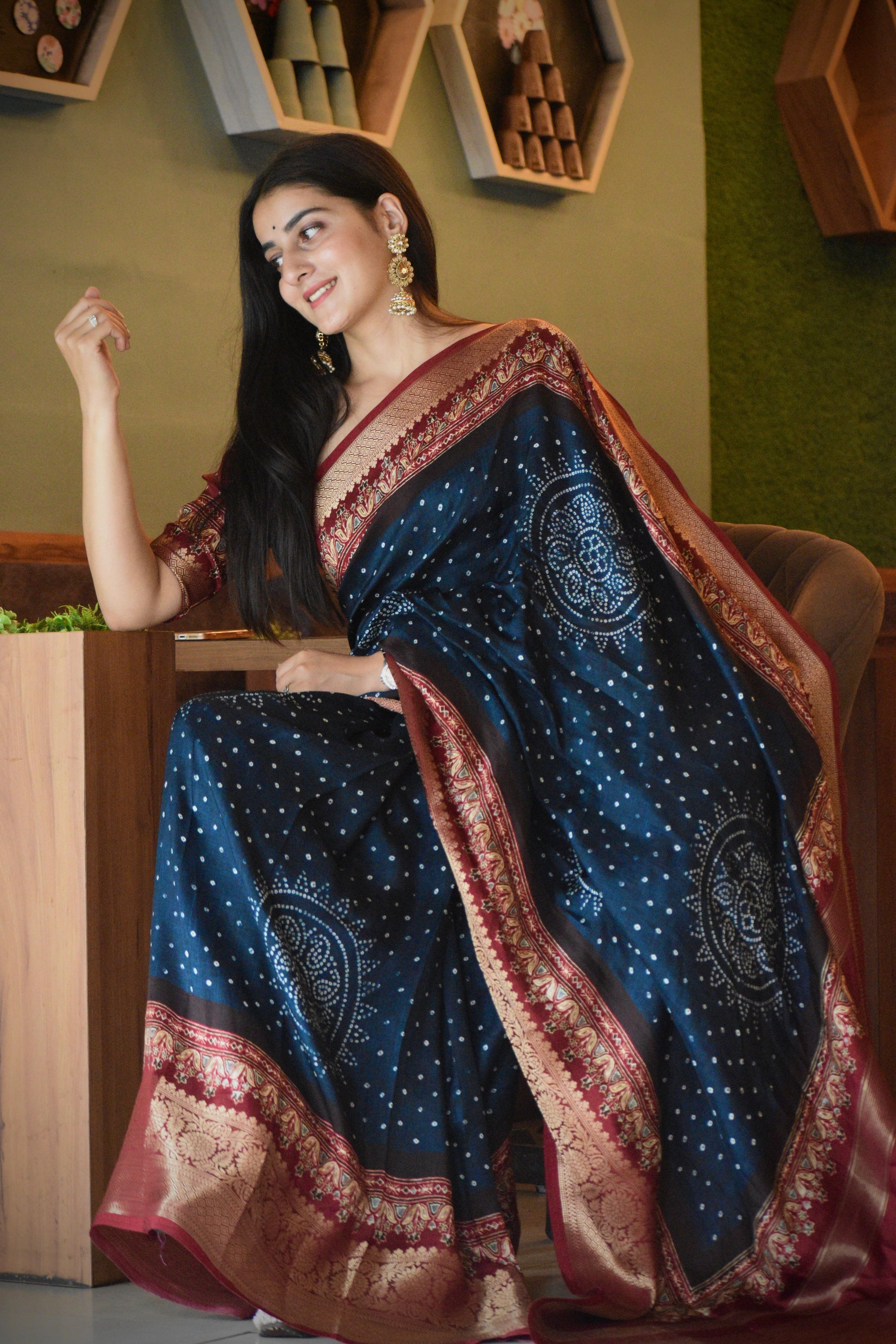 Blue Bandhani Buttery Soft Silk with Contrast Red Jacquard Border Saree Geetha Creation