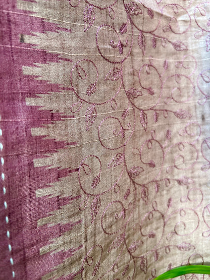 Gorgeous Pink and Chikoo Embroidery with Kantha Unstitched Salwar Set Geetha Creation