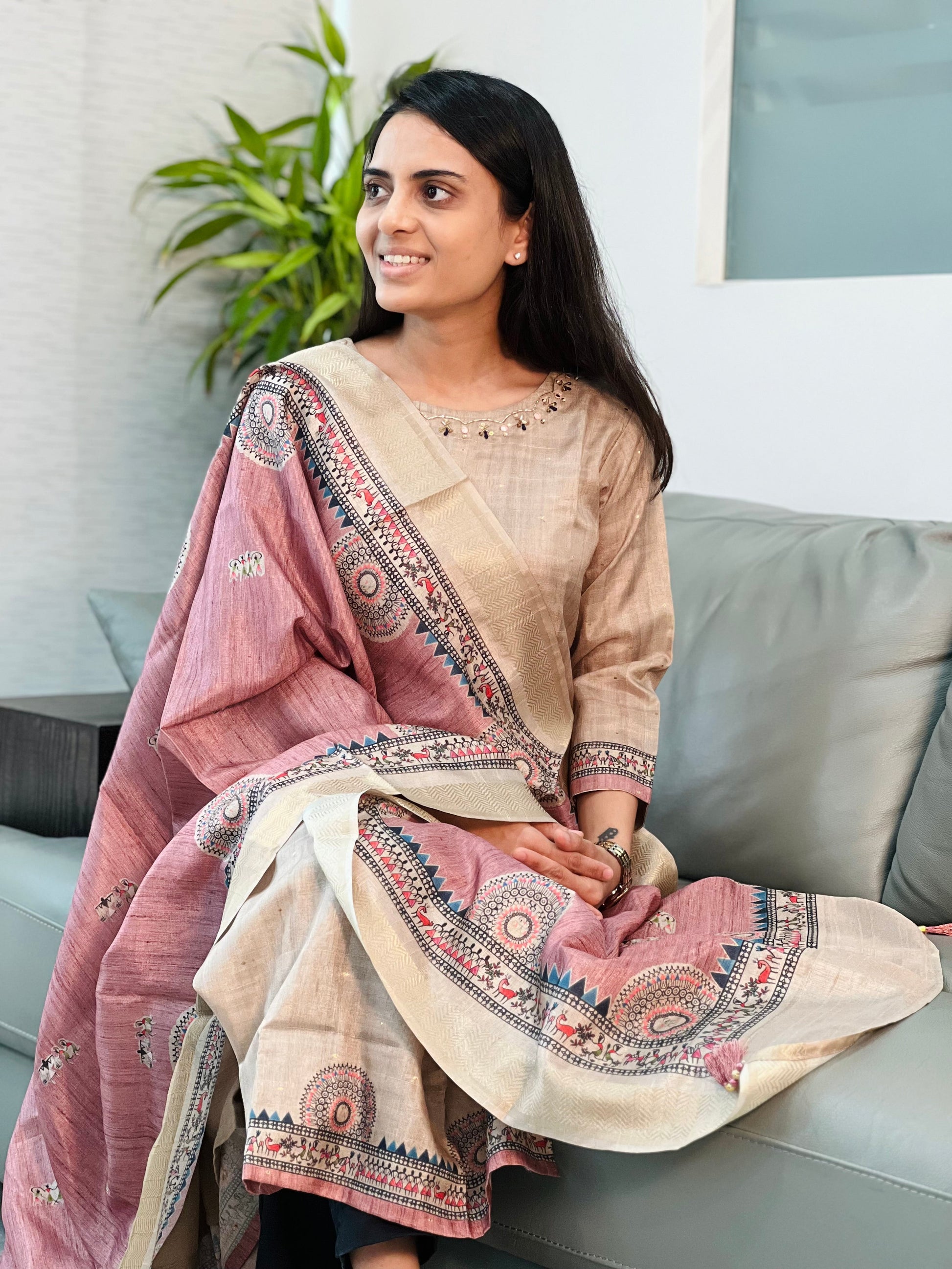 Pink with Chikoo Madhubani Ready to Wear Silk Kurti Set Geetha Creation