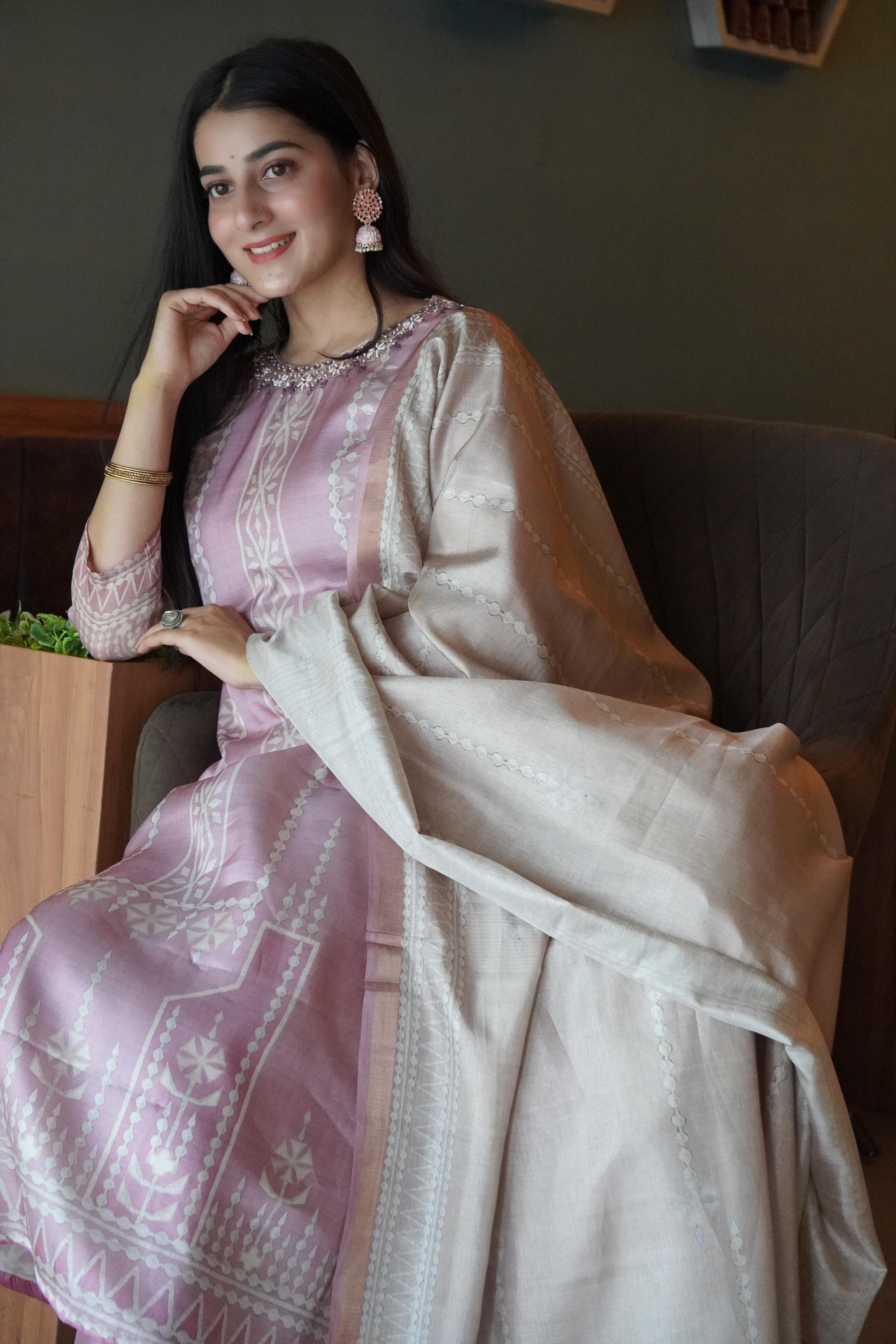 Pretty Pink Soft Tussar A-Line Ready to Wear Kurti Set Geetha Creation