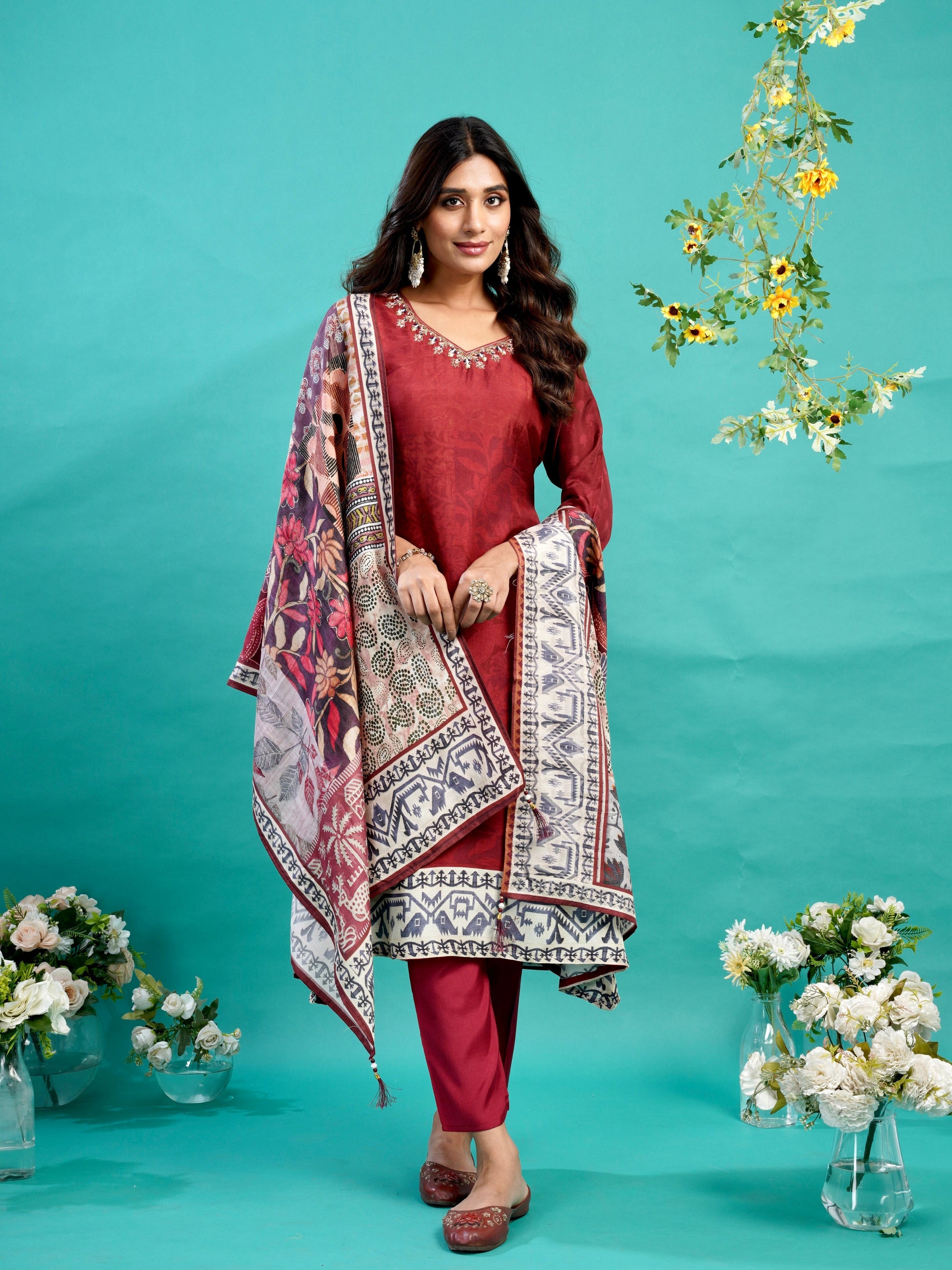 Cherry Red Soft Tussar A-Line Ready to Wear Kurti Set Geetha Creation
