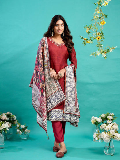 Cherry Red Soft Tussar A-Line Ready to Wear Kurti Set Geetha Creation