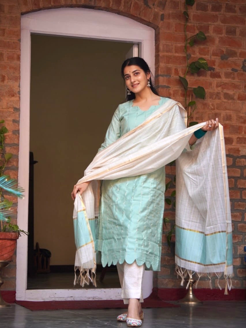 Tender Turquoise Cotton Silk Silhouette Ready to Wear Kurti Set