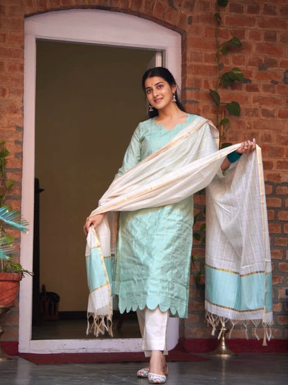 Tender Turquoise Cotton Silk Silhouette Ready to Wear Kurti Set